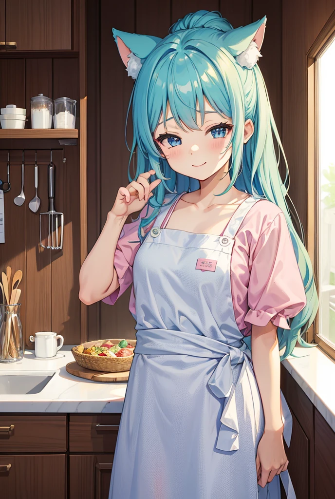 masterpiece, best quality, extremely detailed, (illustration, official art:1.1), 1 girl ,(((( light blue long hair)))), ,(((( light blue long hair)))),light blue hair, , long hair ((blush)) , cute face, big eyes, masterpiece, best quality,(((((a very delicate and beautiful girl))))),Amazing,beautiful detailed eyes,blunt bangs((((little delicate girl)))),tareme(true beautiful:1.2), sense of depth,dynamic angle,,,, affectionate smile, (true beautiful:1.2),,(tiny 1girl model:1.2),)(flat chest)、masterpiece, ultra detailed, 8K, full body shot,, a girl, kawaii, light atmosphere, (Cute a girl:1.5),anime visual, (tilt head:1.3), extremely delicate face, realistic lighting and shading, (an extremely delicate and beautiful art:1.3),Watercolor painting, a girl, Slender girl with small breasts, pink bikini swimsuit, pareo, smilng、She is grilling yakisoba noodles at a food stall wearing a swimsuit and an apron.