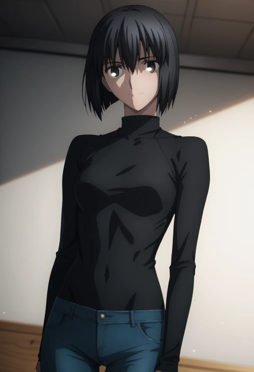 sauce_anime, ambient light, 
fsn_ubw_style, 1girl ,tall girl, straight hair ,bob cut hair, black hair, deep black eyes, hair between eyes, perfect eyes , Perfect face, expressive eyes, close up face:0.2 ,  
( black clothes),, detailed denim pants, (slender body), slim body,
indoors, bed, realistic bed room, Shrugging shoulders,
cowboy shot, looking at viewer, solo, dutch angle, light smile, medium breast, 