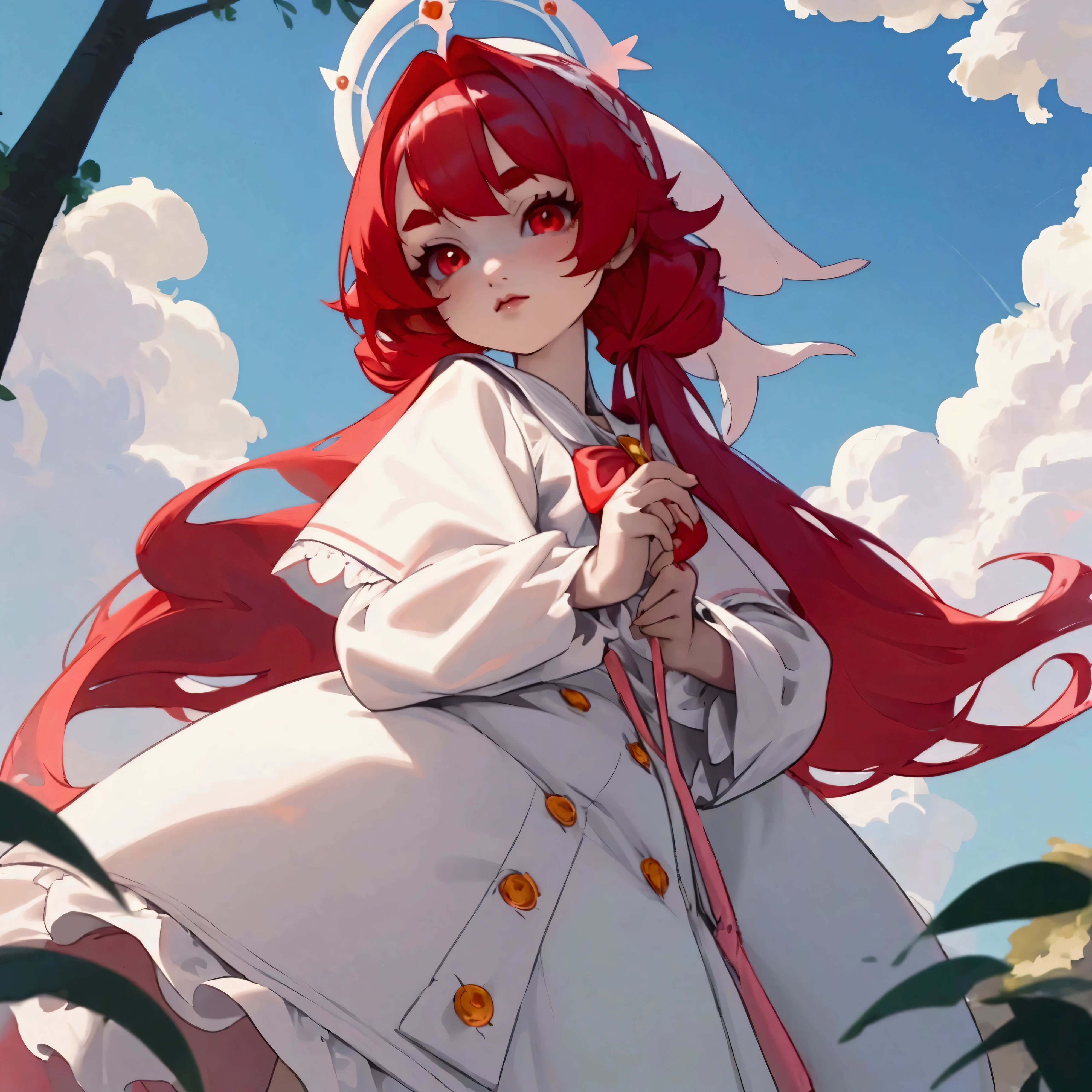 Anime girl with red hair and white dress holding a pink umbrella ...