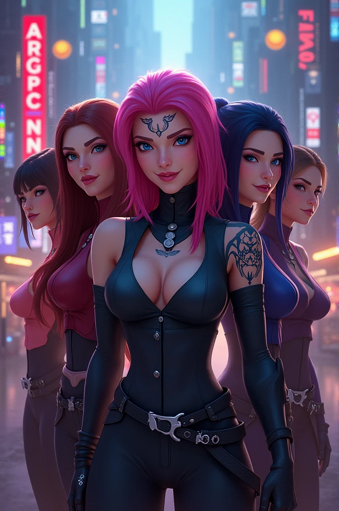 X-MEN Storm and Psylocke and Rogue and Jean Gray and Kitty Pryde,5woman,smile,,masterpiece,highest quality,Revealing costumes.cleavage,