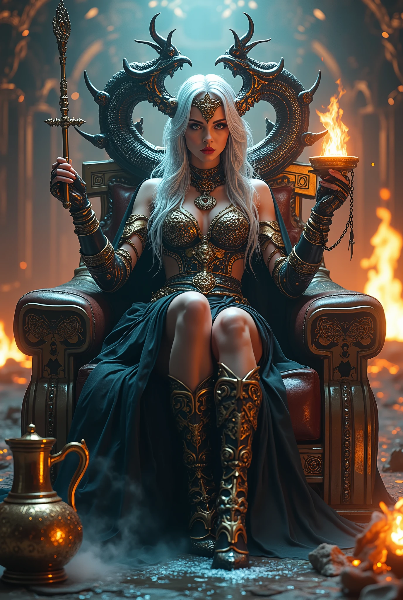 Surreal Very detailed Ultra Fantasy Ultimate Details Ultra-high resolution 8K 32k 3D clear, Beautiful Eyes Silver Hair sit on a swing hanging from a tree assassin devil anacondas on both shoulders spitting flames mechanical engineering Mechanic Art . intricate and elaborate design, おmoney, money Silver Silver 紫 Black-purple Dynamic pose Cinema Lighting Magic spell aura Chairに座る Blue magic circle design big, luxurious amulet made of money Bright colors girl 美しく神秘的なdevilの魔術師 Nice, Mysterious and cool tiara The ultimate mysterious design devil'Rainbow Armor 神秘的なdevil'Chair Luxurious Armor girl Breaking the Magic Seal 足元には4本のエキゾチックなdevilのロウソク 右手にdevilのデザインの豪華なメタリックな剣を持っている In his left hand he holds a burning red torch Head Jewelry In the background, a waterfall flows from the top right. Gold Gauntlet devil的十字架の首飾り A book of spells on his lap