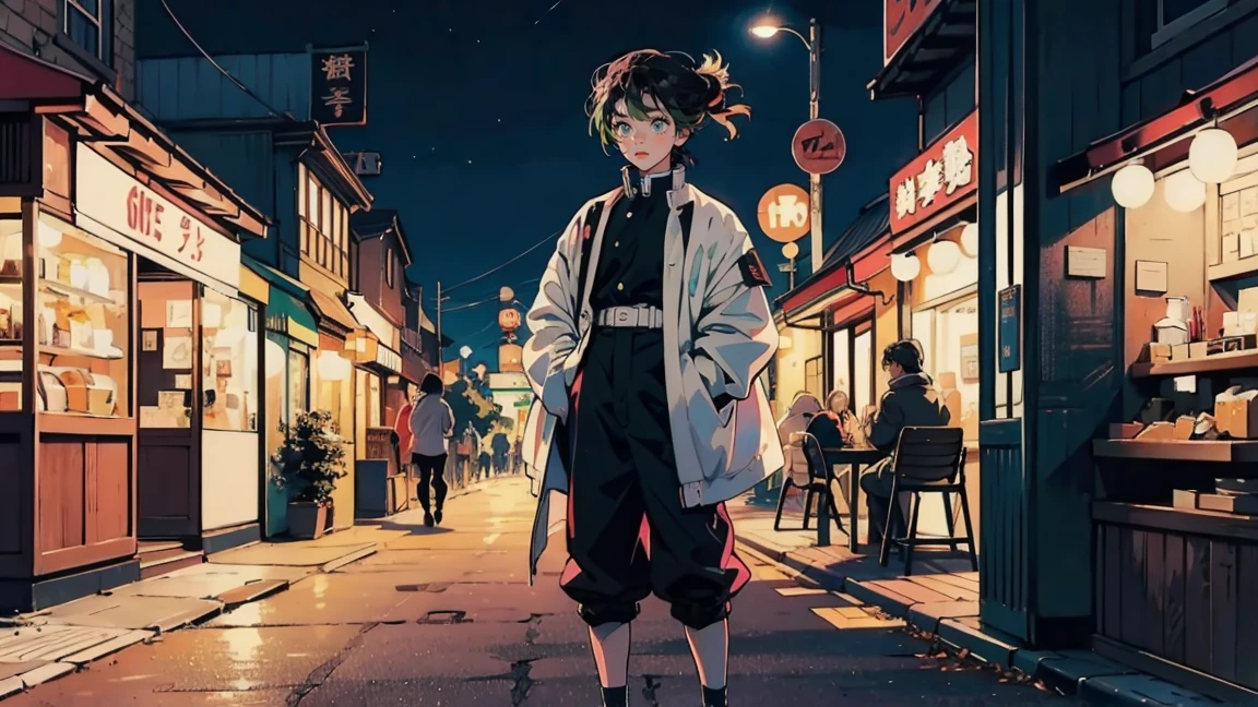 kimetSu no yaiba,kanroji mitSuri、Highest quality, 8k, 1990s style, City Pop, pants ,Night view, Retro, whole body, coffee,table,making,look at me、80&#39;S、comics、balcony、Night view、girl、Mug、cocoa、cute、Tokyo、80&#39;Sアニメーション、neon、Balcony、cyber punk、Starry Sky