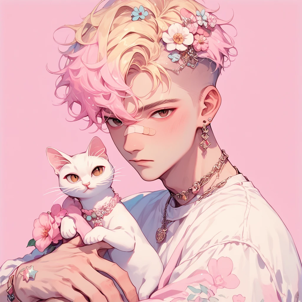 pastel style, 1boy, brown eyes, flower, male focus, pink background, jewelry, pink hair, earrings, looking at viewer, cat, hair flower, hair ornament, undercut, simple background, white shirt, upper body, solo, short hair, shirt, bandaid on face, bandaid, holding bunny, closed mouth, long sleeves, holding cat, multicolored hair, necklace, hair between eyes, soft color, soft hues, chalk, pigment, pastel color, pastel pencil technique, soft color tones, pastel painting, pastel (medium), blonde hair