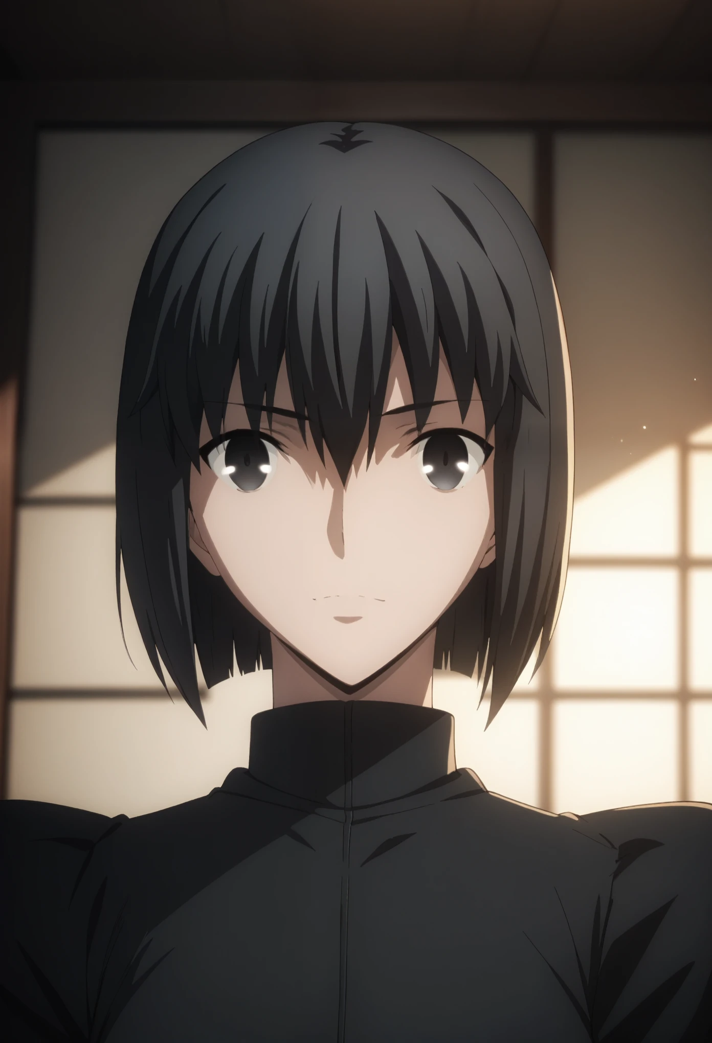 sauce_anime, ambient light,
fsn_ubw_style, 1girl ,tall girl, straight hair ,bob cut hair, black hair, deep black eyes, hair between eyes, perfect eyes , Perfect face, expressive eyes, close up face:,
( black clothes),,upper body, (slender body), slim body,
indoors, bed, realistic bed room, Shrugging shoulders,
cowboy shot, looking at viewer, solo, dutch angle, light smile, medium breast,