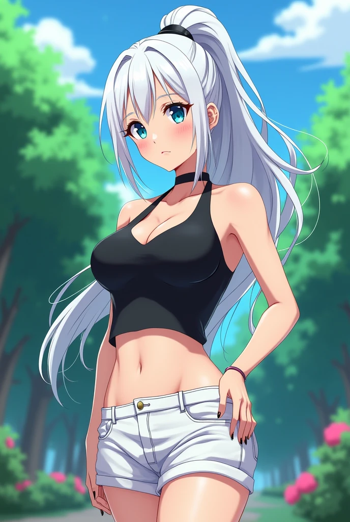 (masterpiece, top quality), one girl with long white hair sitting in a field of green plants and flowers, warm moonlight, blurry foreground, , river bank, bra shorts, odd eyes