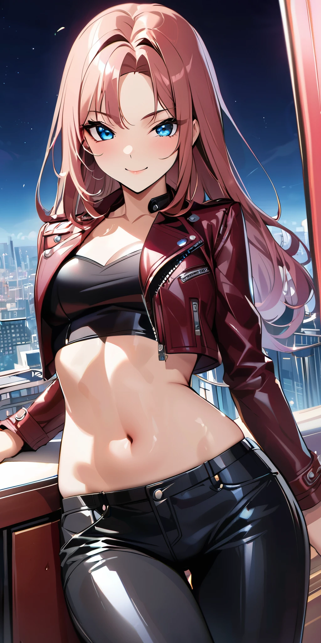 (((The background City,Meticulously depicts the background of the city:1.2))),((Highest quality、masterpiece、Anime Style、Highest quality、High resolution、8k、detailed、ultra-detailed:1.3))、Long legs、Sharp focus:1.2, Beautiful woman with perfect figure:1.4、(smile:1.2), double eyelid、30-year-old woman、Sexy pose、((((Shut your mouth、One Woman、Cropped Leather Jacket,レザー製のショートパンツ:1.5))))