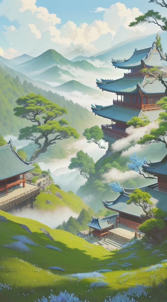 An ancient Chinese painting,high high quality, mont, Mist, the trees,mont,scenecy,Skysky,clouds,The tree,chinese paintings,with an antique feel,song dynasty,Song painting,Pavilion,An ancient figure,