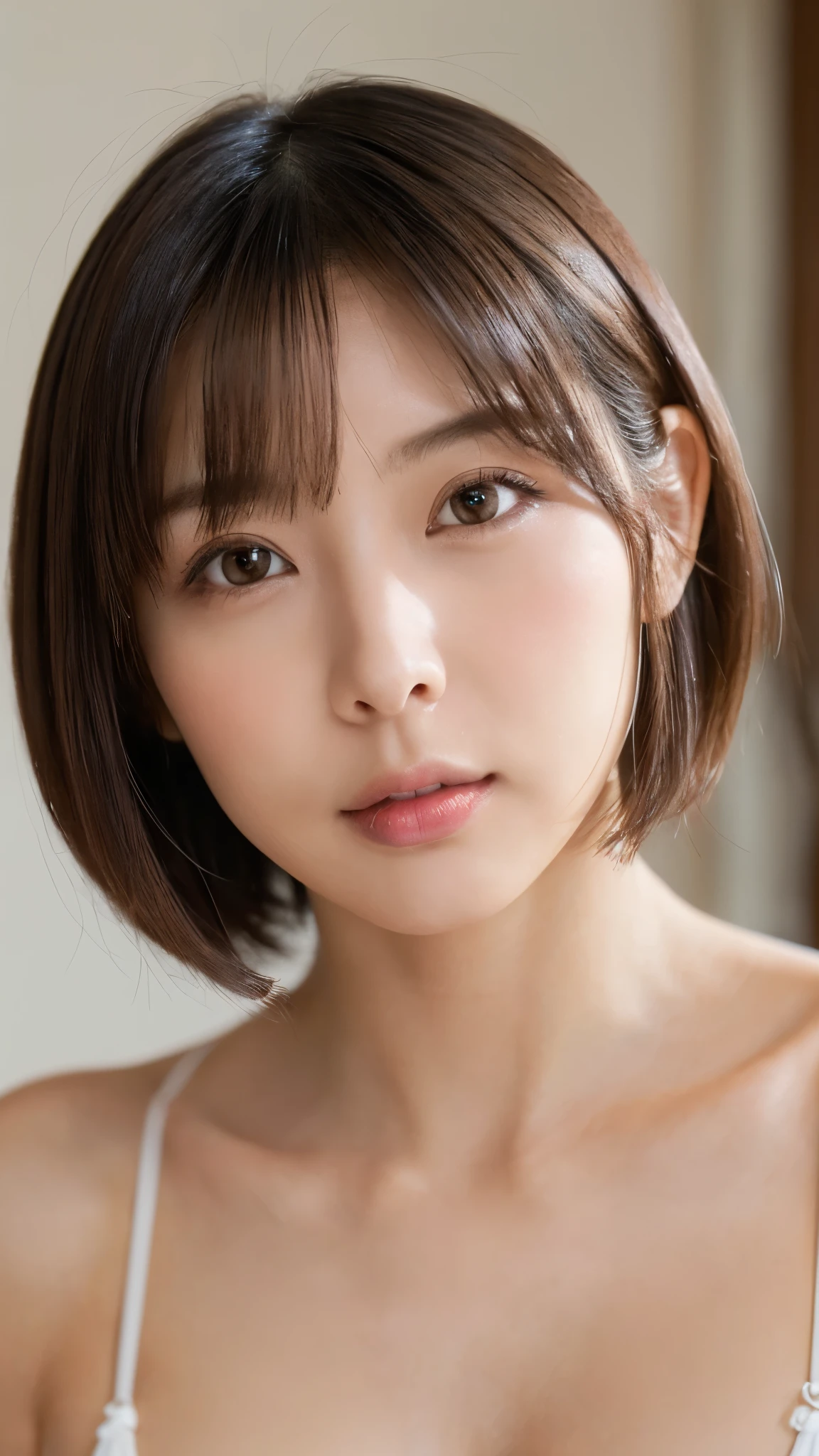  One girl, Japanese,Small breasts , ((Brown short bob cut)), (Relaxed facial expression), ((Close-up of face with makeup:1.3))、((White micro bikini:1.3))、Luxury hotel bedroom、Looking at the camera、(Elegant lighting)
