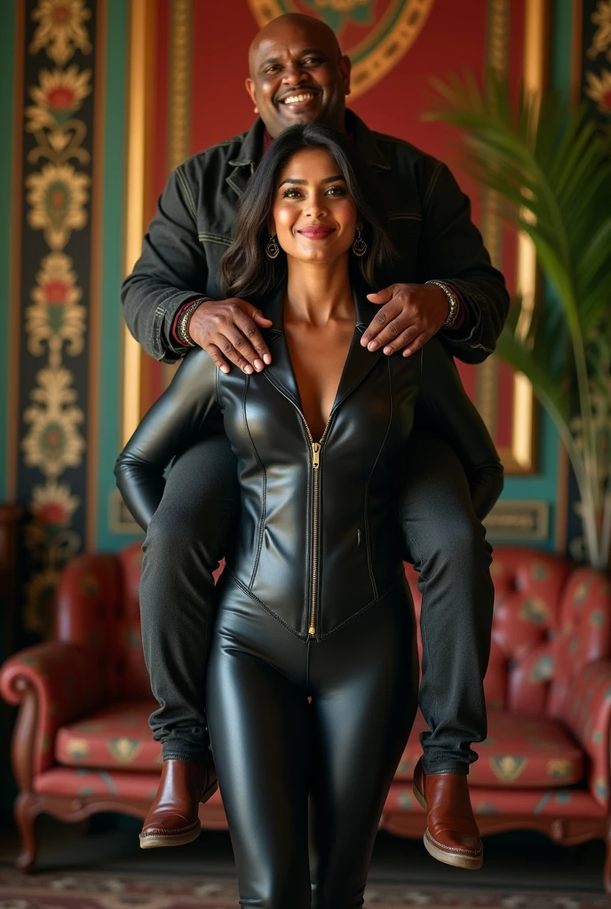 Create a realistic photograph of a smiling and beautiful indian woman in black leather suit carrying a tshirt wearing large stout man on her shoulder , in a exotic room, man is sitting on top of her shoulder, man on top, woman standing at bottom