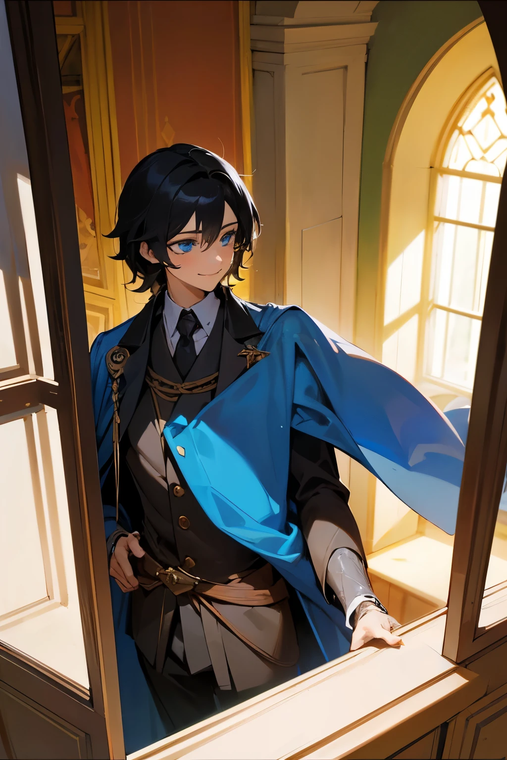 A medium-length black-haired boy with blue eyes wearing a formal medieval royal outfit. He is watching through a window of his room calmly. Your room is bright and full of modern furniture. By your side a girl with black hair and blue eyes, with a slender body with large breasts and defined thighs and a thin waist, smiles happily beside the boy. They're looking at each other.