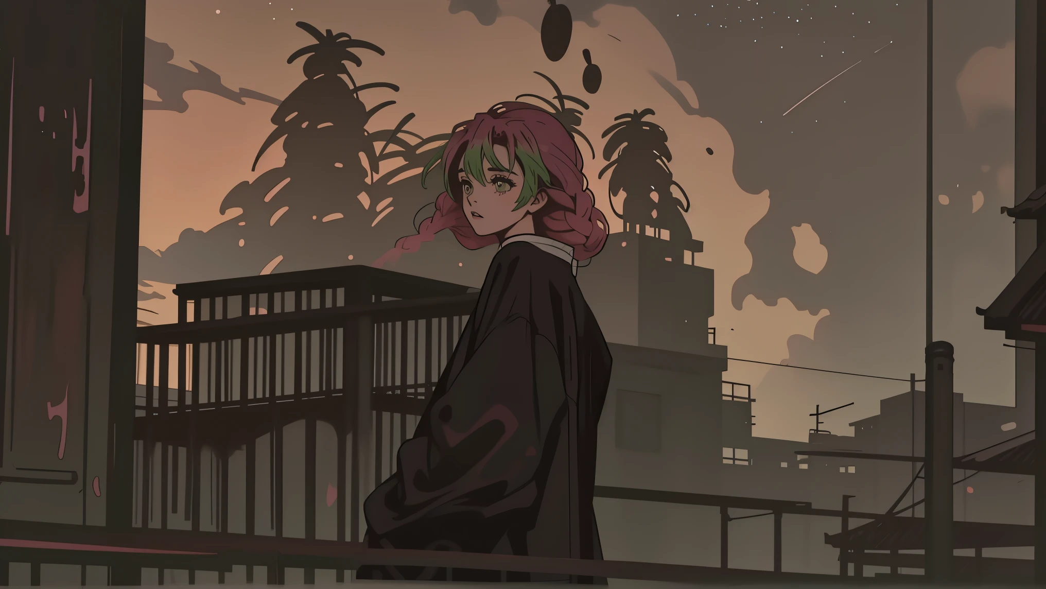 kimetSu no yaiba,kanroji mitSuri、Highest quality, 8k, 1990s style, City Pop, pants ,Night view, Retro, whole body, coffee,table,making,look at me、80'S、comics、balcony、Night view、girl、Mug、cocoa、cute、Tokyo、80'Sアニメーション、neon、Balcony、cyber punk、Starry Sky