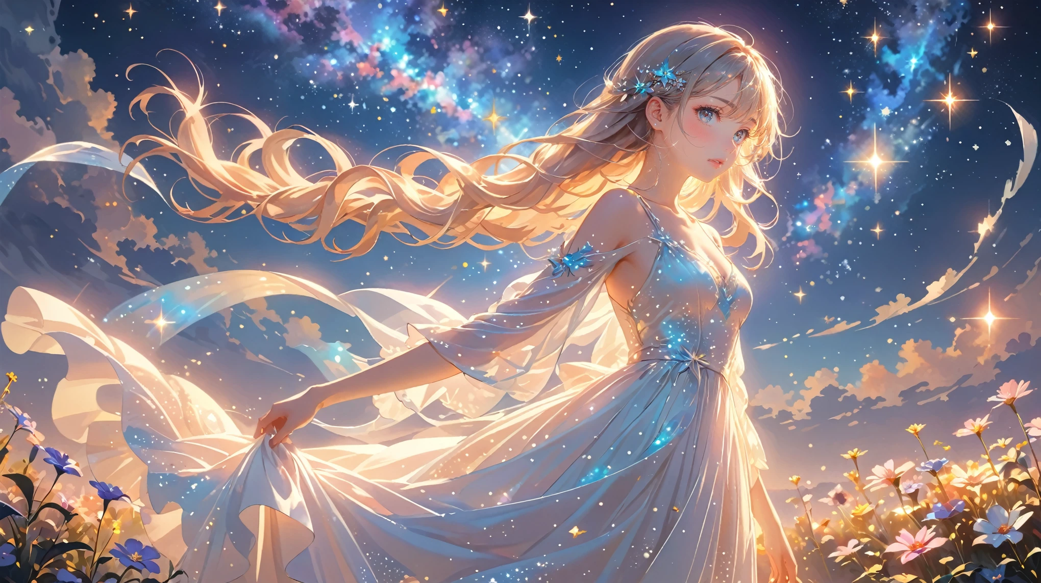 (best quality,4k,8k,highres,masterpiece:1.2),A girl standing alone under the starry night sky, with her silhouette illuminated by the soft moonlight and twinkling stars. Her face is beautifully detailed, with sparkling eyes, long and fluttering eyelashes, and exquisitely defined lips. She is dressed in an elegant gown, flowing and ethereal, embracing her figure gracefully as it glimmers with a subtle celestial glow. The intricate details of her dress catch the faint starlight, creating a mesmerizing sparkle. The surrounding landscape showcases a serene garden, lush with vibrant foliage and colorful flowers. The air is filled with a gentle breeze, causing the leaves to rustle and the flowers to sway delicately. The garden is bathed in a warm, dreamy color palette, with hues of deep blues, purples, and hints of silver. The atmosphere is calm and tranquil, evoking a sense of peace and serenity. The artwork is of the highest quality, meticulously created with ultra-detailed brushstrokes and precise attention to every element. The texture and depth of the painting are breathtaking, with a sense of realism and photorealism that captures the awe-inspiring beauty of the night sky. The lighting is soft and diffused, casting a gentle glow over the entire scene, enhancing the magical ambiance. The girl's presence radiates a sense of mystery and wonder, as if she holds a secret connected to the celestial beings above. The overall composition evokes a feeling of timelessness and captures the essence of a StarSign, an artwork that embodies the celestial beauty and inner strength of a girl in harmony with the stars. (ai-generated:.25),(dsmile:.25)