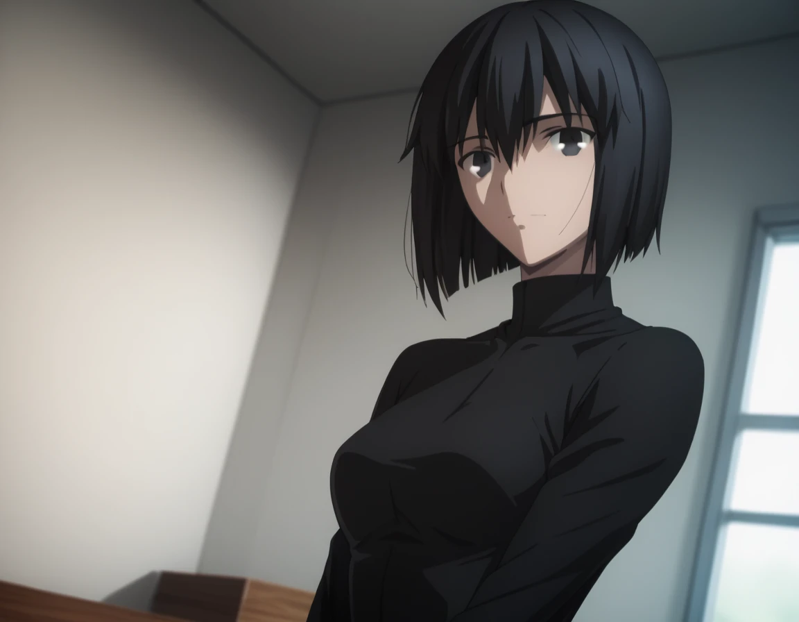 sauce_anime, ambient light, 
fsn_ubw_style, 1girl ,tall girl, straight hair ,bob cut hair, black hair, deep black eyes, hair between eyes, perfect eyes , Perfect face, expressive eyes, close up face:0.2 ,  
( black clothes),, detailed denim pants, (slender body), slim body,
indoors, bed, realistic bed room, Shrugging shoulders,
cowboy shot, looking at viewer, solo, dutch angle, light smile, medium breast, 