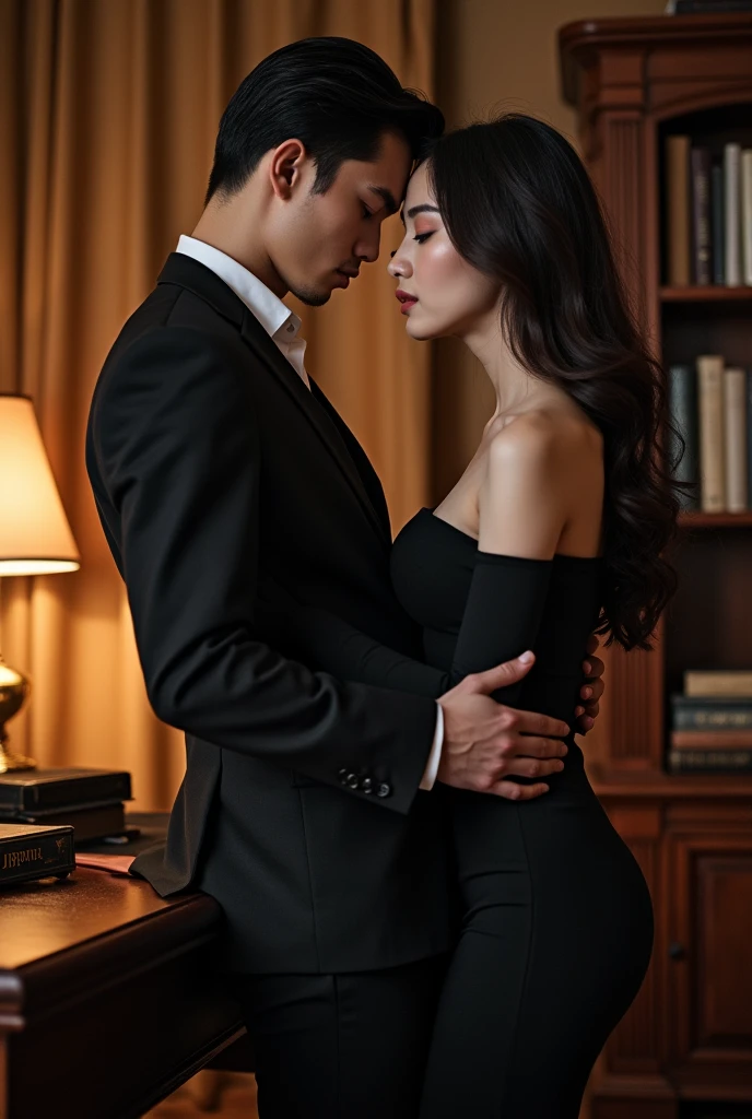 In a dimly lit, luxurious penthouse bedroom, Evelyn Chen, a powerful and stunningly beautiful woman in her late 30s, stands confidently over Alex Tanaka, a young and eager 1 intern, who is seated on the edge of the bed, looking up at her with a mixture of awe and desire. Evelyn is dressed in a form-fitting black dress that accentuates her curves, her hair cascading down her shoulders, her gaze intense and commanding. She leans down, her hands gripping his chin, pulling him closer with an authoritative yet passionate touch. The room is filled with tension, the air thick with the electricity of their connection. Soft, ambient lighting casts shadows that highlight the dominance and allure of Evelyn, while Alex’s expression reflects both submission and yearning. Hyper-detailed, cinematic lighting, high resolution, intimate and powerful atmosphere.