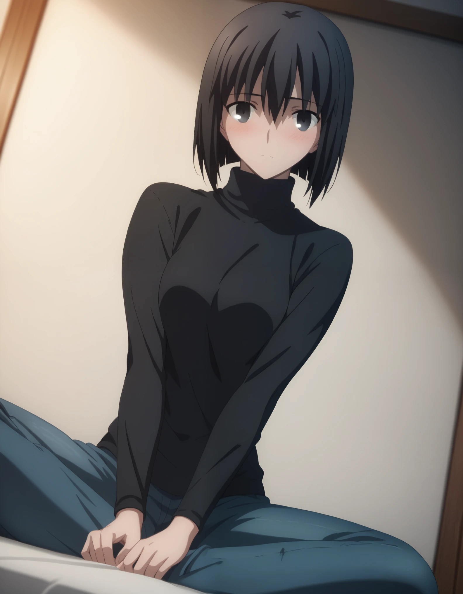 sauce_anime, ambient light,
fsn_ubw_style, 1girl ,tall girl, straight hair ,bob cut hair, black hair, deep black eyes, hair between eyes, perfect eyes , Perfect face, expressive eyes, close up face:0.2 ,  
(turtleneck black T shirt),, detailed denim pants, (slender body), slim body,blush,
indoors, bed, realistic bed room, sitting, Stretching upwards ,
cowboy shot, looking at viewer, solo, dutch angle, Widening one’s eyes, medium breast, 