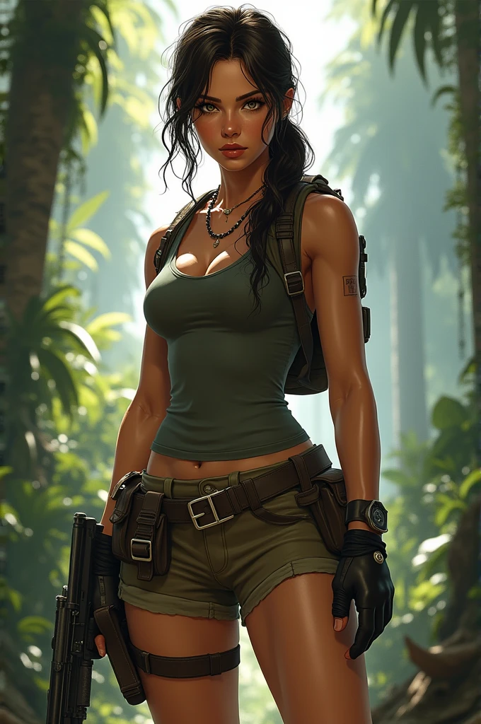 A vibrant cinematic photo of Lara Croft in the jungle, octane render, high quality, sun reflection, realistic.