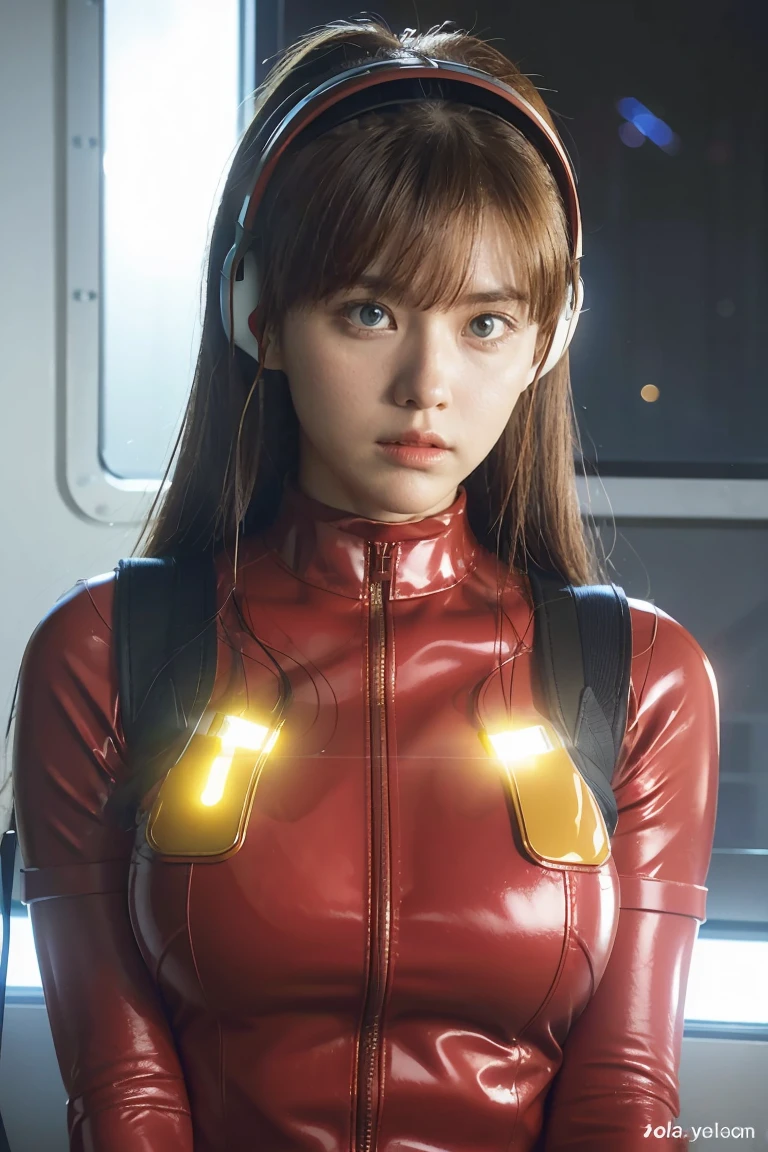 (cost view),Dynamic angle,Very detailed, illustration, close up, straight on, 1 girl, 
 ((Soryu Asuka Langley, headset interface, red bodysuit:1.4, Blonde)),Her eyes shone like dreamlike stars,(glowing eyes:1.233),(Beautiful and detailed eyes:1.1),(expressionless,gag),(stand), 
(Mechanic room with tools and spaceship window in white spaceship),
(nighttime:1.2),dreamlike, [[Delicate fingers and hands:0.55]::0.85],(inch details),