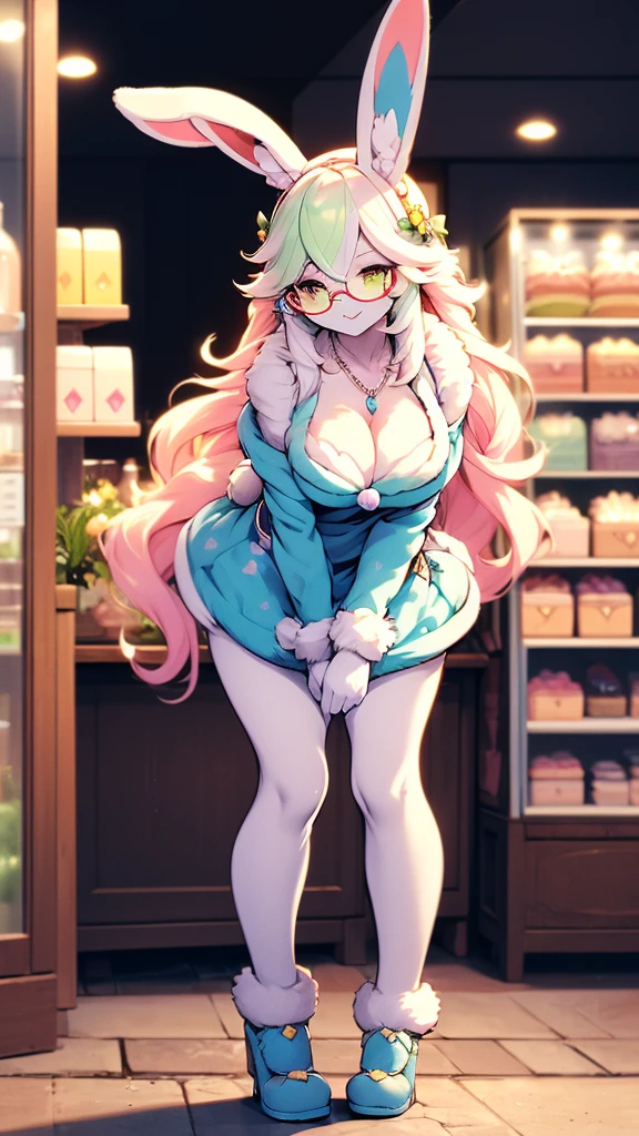 (Fluffy personification: 1.6), Bunny Girl, fur woman, Yellow long hair, Bunny ears, Very fine fur, Highest quality, Highest Resolution, Glasses, Short dress, tights, Pocket Bag, ((Leaning forward)), (Showing cleavage:1.3), Cake shop, necklace, Flora&#39;s Hairpin, Arm bracelet, View your viewers