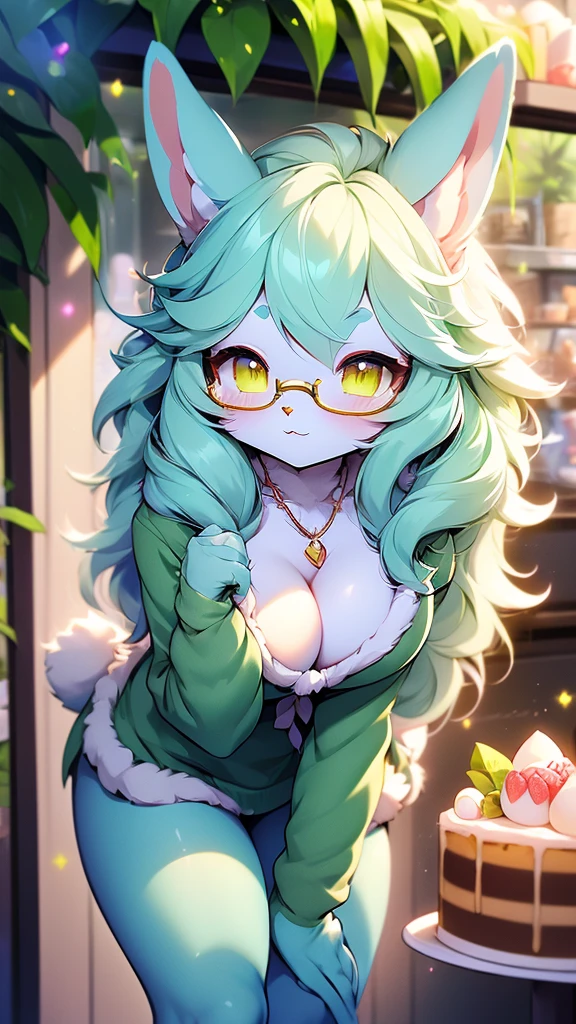 (Fluffy personification: 1.6), Bunny Girl, fur woman, Yellow long hair, Bunny ears, Very fine fur, Highest quality, Highest Resolution, Glasses, Short dress, tights, ((Leaning forward)), (Showing cleavage:1.3), (Close up on chest:1.2), Cake shop, Pocket Bag, necklace, Flora&#39;s Hairpin, Arm bracelet, View your viewers