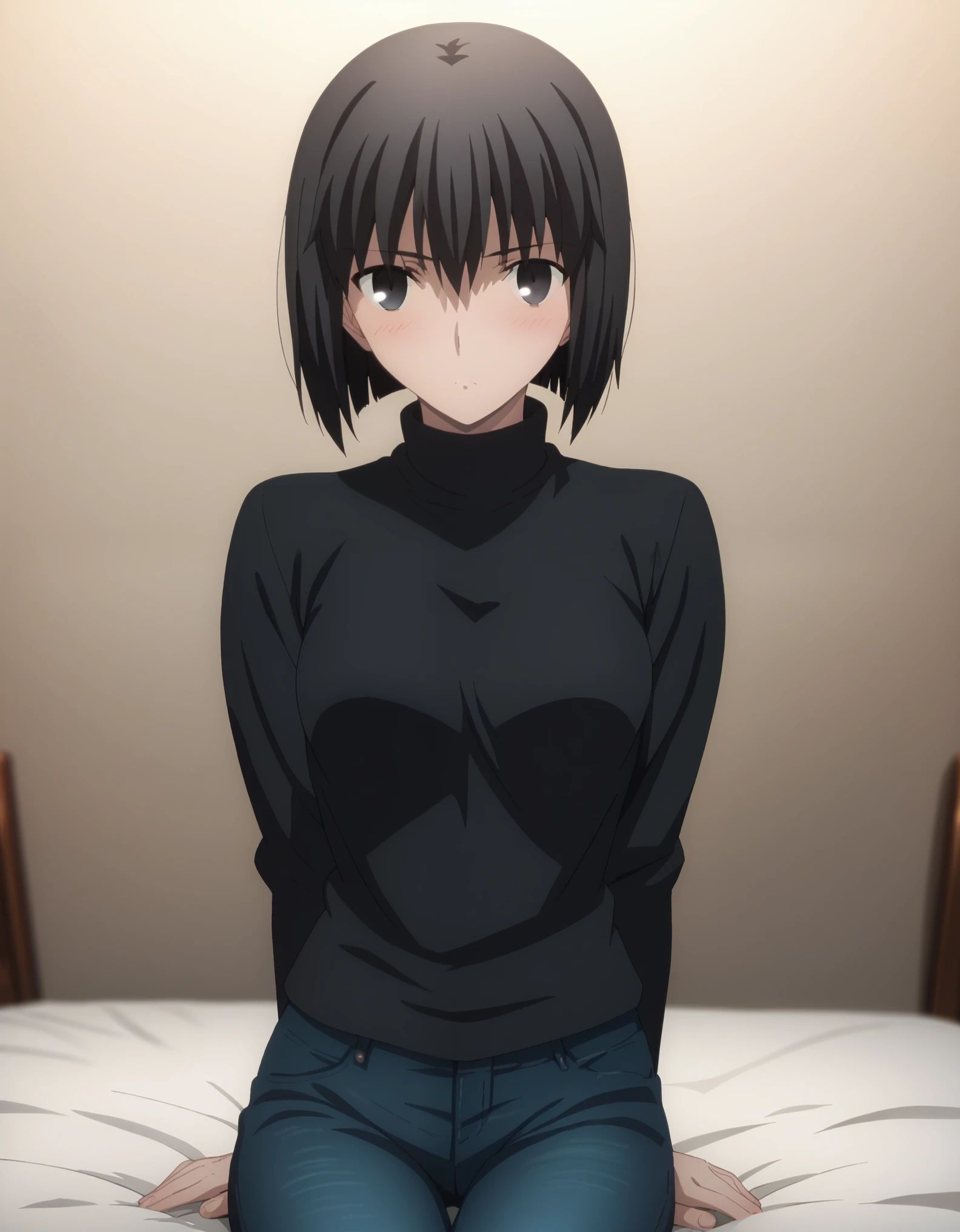 sauce_anime, ambient light,
fsn_ubw_style, 1girl ,tall girl, straight hair ,bob cut hair, black hair, deep black eyes, hair between eyes, perfect eyes , Perfect face, expressive eyes, close up face:0.2 ,  
(turtleneck black T shirt),, detailed denim pants, (slender body), slim body,blush,
indoors, bed, realistic bed room, sitting, Stretching upwards ,
cowboy shot, looking at viewer, solo, dutch angle, Widening one’s eyes, medium breast, 