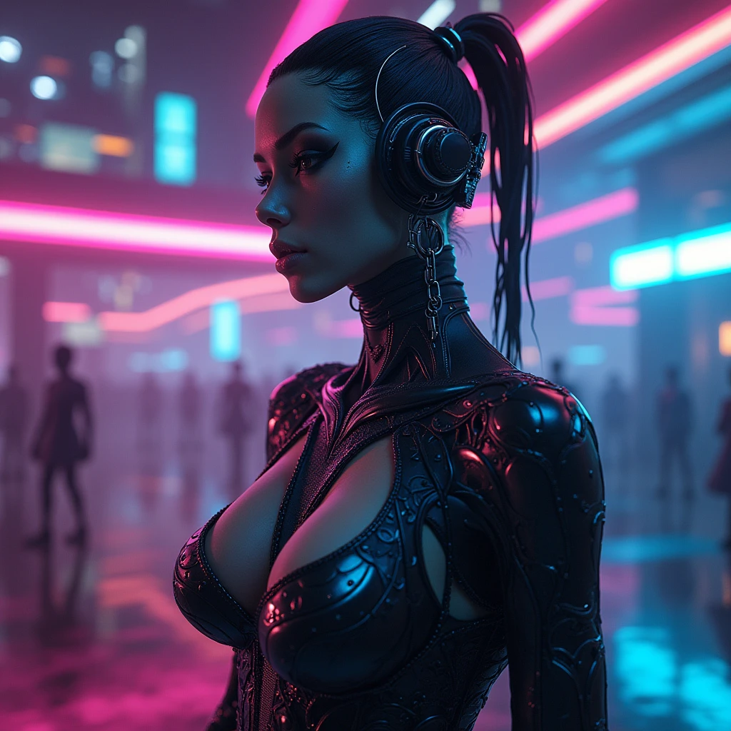 a close-up of a person in a room with a shelf, surburb woman, suburbia, cyber punk lut, Rubberized-looking body, Rubberized - looking body, cyber punk vibes, suburban, suburb, in a suburb, Rubberized, cyber punk vibe, fofosexyrobutts, cyber punk judy alvarez, URBEX, ( ( cyber punk ) ), cyber punk theme