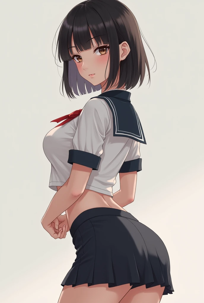 Black Skirt, Short sleeve, Black sailor collar, ((Highest quality, High resolution, Pixel perfect, 8k)), 1 girl, single, alone, Cute Woman、I could see the whole body、((Brown eyes, Beautiful eyelashes, current eyes)), ((Detailed face, blush:1.2)), ((Smooth texture:0.75)), ((Anime CG style)), Mid-chest, ((Dynamic Angle:1.3)), Perfect body, In the summer park, Back view, turn around, ((Showing white panties:0.9)), Skirt Lift