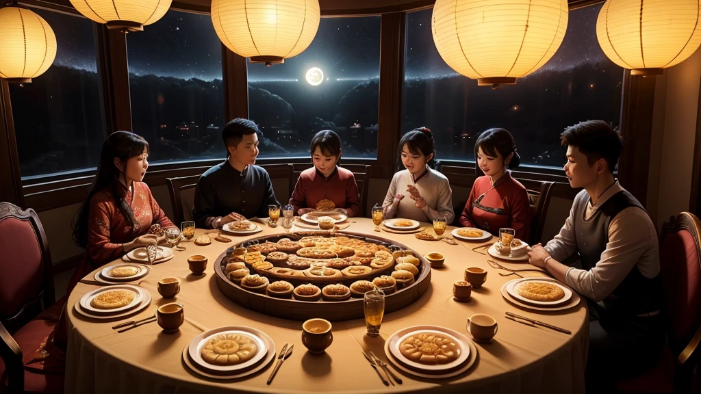 Mid-Autumn Night，The moon hangs high like a silver platter，Sprinkle gentle moonlight。Families sit around，Savor delicious mooncakes，talking and laughing，Enjoy this moment of reunion。On this warm evening，Feel the beauty of the moonlight，It conveys strong family affection and warmth。