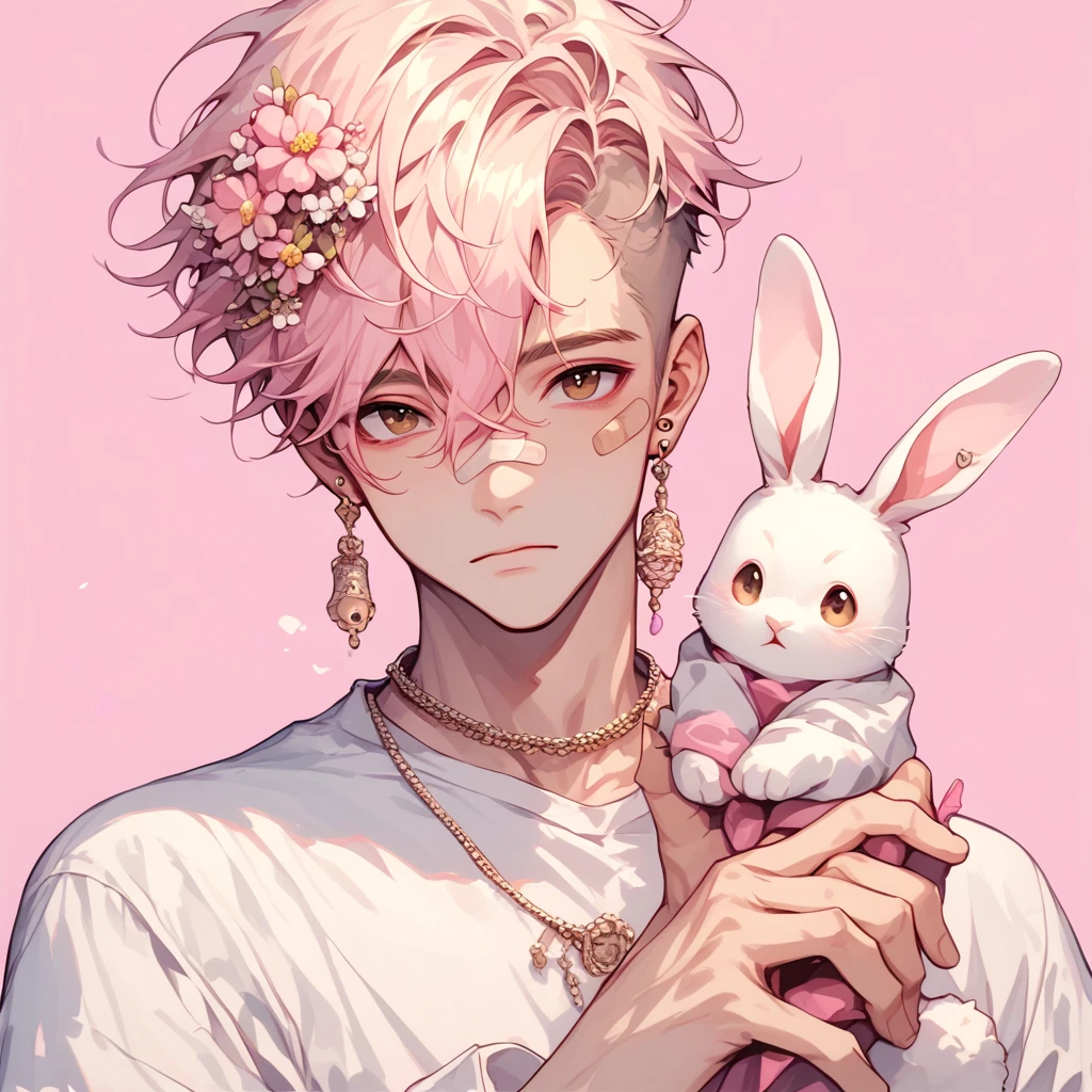 pastel style, 1boy, brown eyes, flower, male focus, pink background, jewelry, pink hair, earrings, looking at viewer, bunny, hair flower, hair ornament, hair undercut, simple background, white shirt, upper body, solo, short hair, shirt, bandaid on face, bandaid, holding bunny, closed mouth, long sleeves, holding bunny, necklace, hair between eyes, soft color, soft hues, chalk, pigment, pastel color, pastel pencil technique, soft color tones, pastel painting, pastel (medium), blonde hair