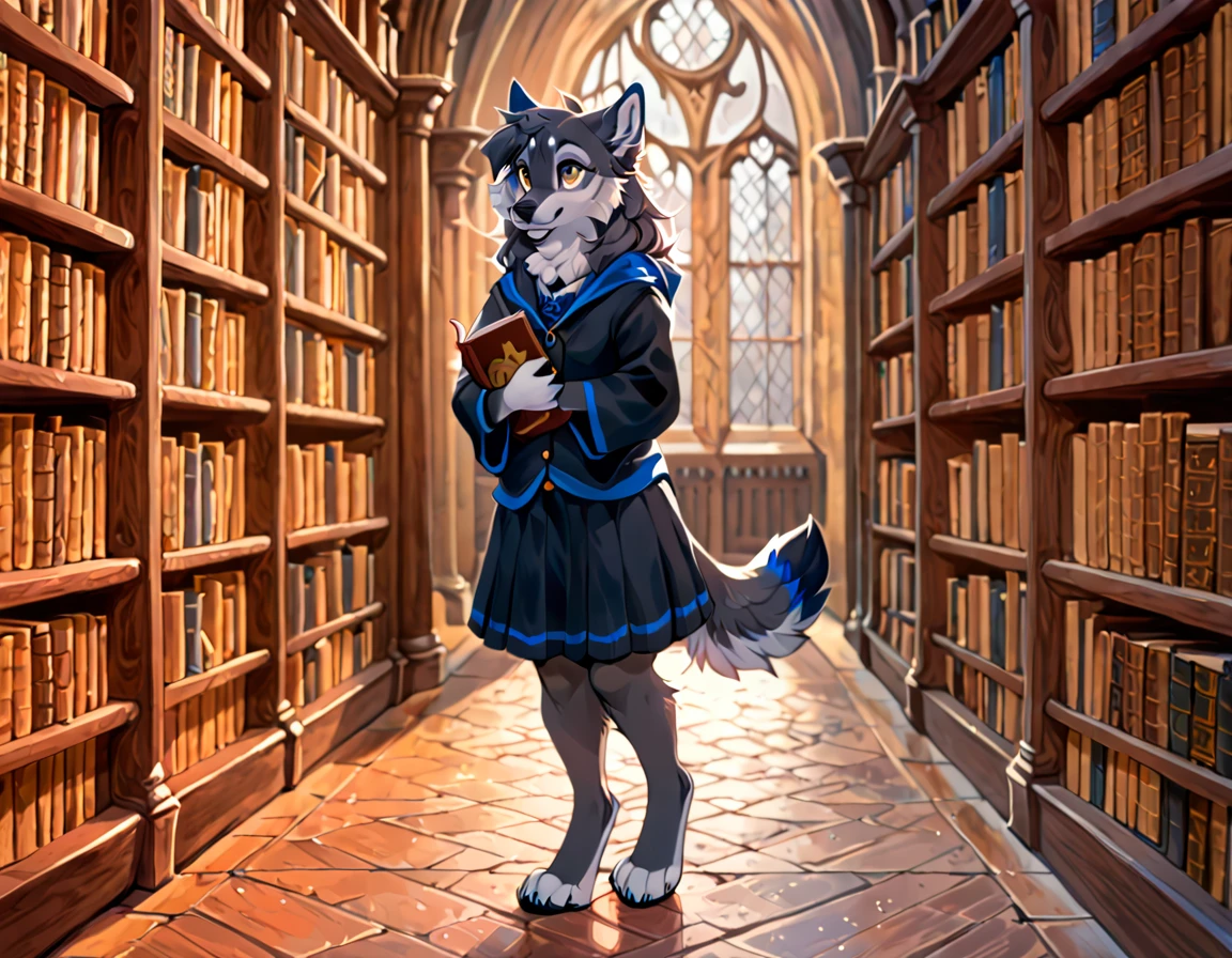 by hoot, best quality, high res, anthro, female, wolf, grey fur with a blue stripe, gold eyes, ravenclaw uniform, ravenclaw emblem, black full length robe with blue trim, in a hogwarts library, skirt, solo, carrying a book, detailed eyes, detailed fur