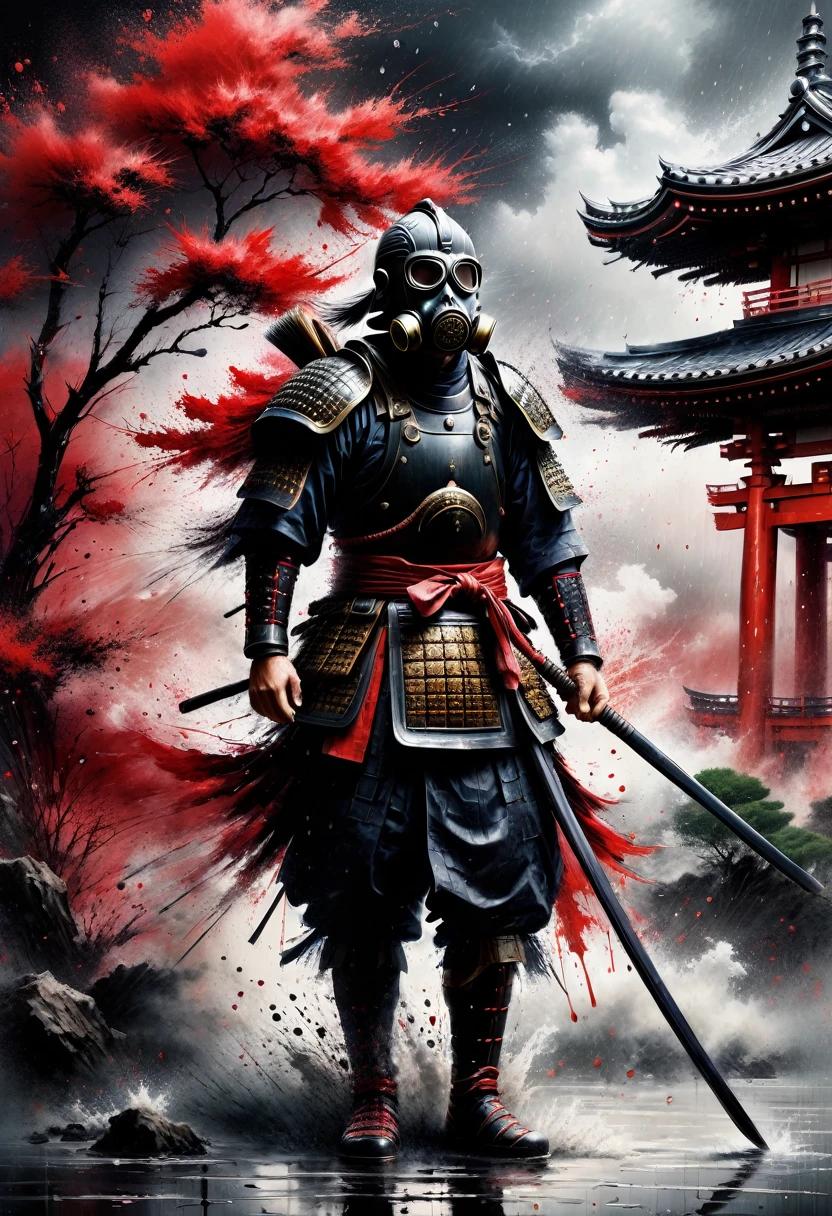 (Highest quality,Realistic),(traditional japanese art:1.1),(Ink splash:1.1),(warrior),(Exquisite Japanese Armor),(Dramatic lighting),(Akira Kurosawa style),(Black rain),(Vibrant colors),(Strokes),(Dynamic configuration),(Strong posture),(Stoic expression),(raindrop),(Strong contrast),(Feeling lonely),(Deep crimson color),(Sharp focus),(Minimalist Background),(Traditional calligraphy),(Stormy atmosphere),(Epic battle scenes),(Traditional Japan landscape),(Unique texture),gas mask.Combat Uniform