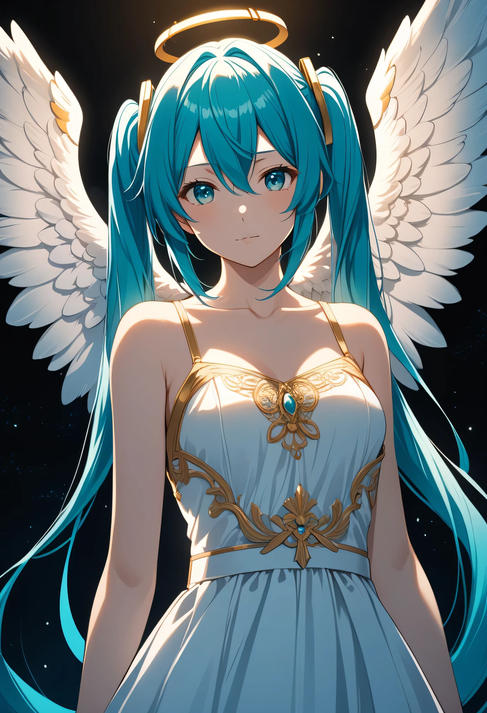 A woman with blue hair and angel wings in a white dress - SeaArt AI