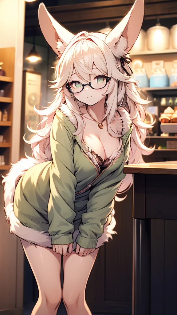 (Fluffy personification: 1.6), Bunny Girl, fur woman, Yellow long hair, Bunny ears, Very fine fur, Highest quality, Highest Resolution, Glasses, loose short dress, tights, ((The chest is very loose:1.3, Leaning forward:1.3)), (Gap between clothes and chest:1.5, Showing cleavage:1.3), (Close up on chest:1.2), Cake shop, Pocket Bag, necklace, Flora&#39;s Hairpin, Arm bracelet, View your viewers