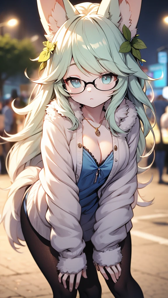 (Fluffy personification: 1.6), Bunny Girl, fur woman, Yellow long hair, Bunny ears, Very fine fur, Highest quality, Highest Resolution, Glasses, loose short dress, tights, ((The chest is very loose:1.3, Leaning forward:1.3)), (Gap between clothes and chest:1.5, Showing cleavage:1.3), (Close up on chest:1.2), Cake shop, Pocket Bag, necklace, Flora&#39;s Hairpin, Arm bracelet, View your viewers