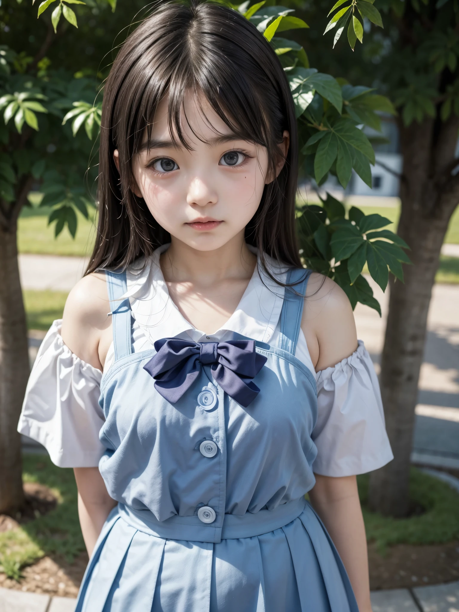8k,Japanese,9 ,Childish,innocent face,innocent look,teenage girl,cute,Spring-like clothes,Spring weather,everyday wear,black hair,riverbed park,sitting,hair clip,Decolletage