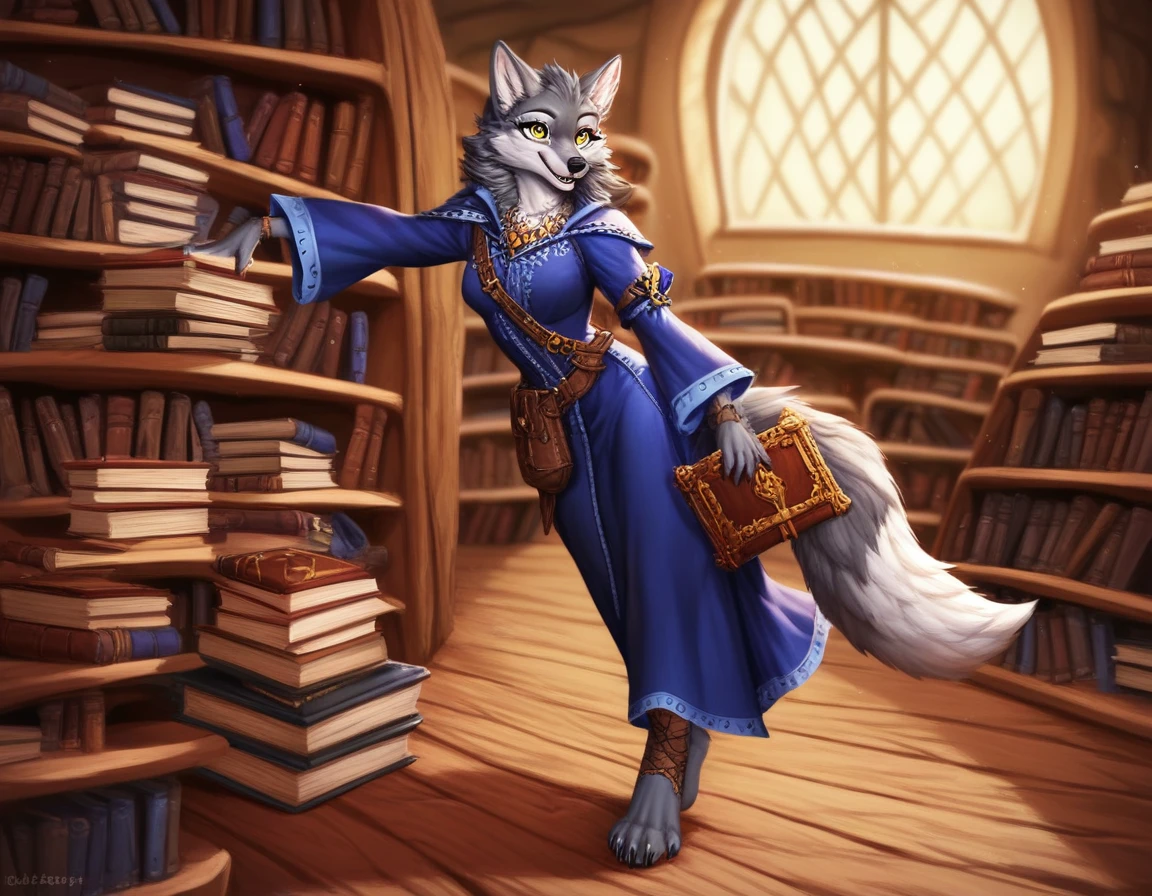 by hoot, best quality, high res, anthro, female, wolf, grey fur with a blue stripe, gold eyes, ravenclaw uniform, ravenclaw emblem, black full length robe with blue trim, in a hogwarts library, skirt, solo, carrying a book, detailed eyes, detailed fur