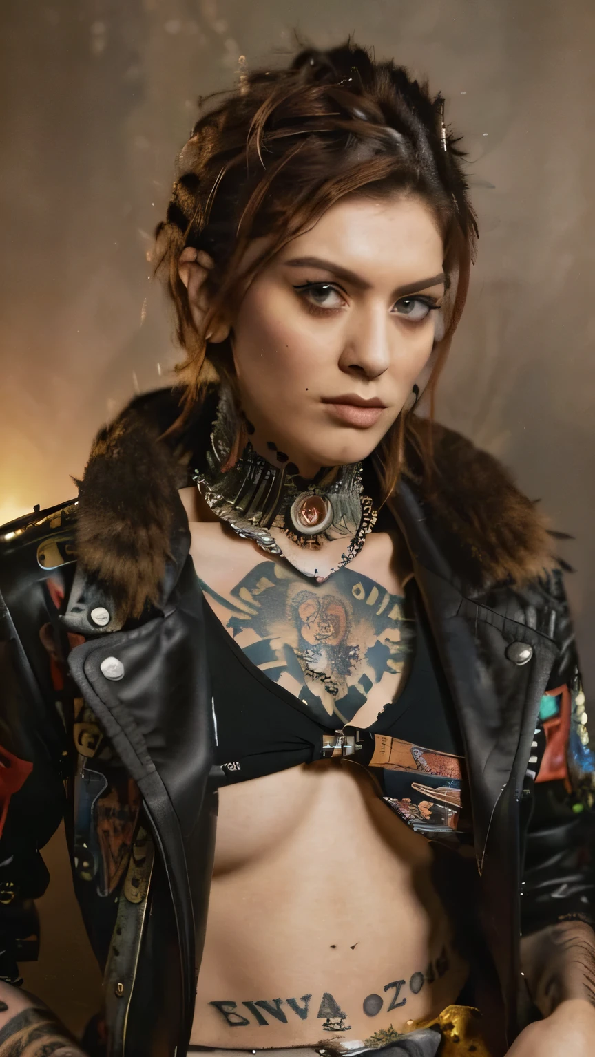 A Woman, ((Punk Style)), (80's) , 2 woman, Short red hair, Tattoos, Fur Jacket, Wearing black Shirt, Skinny, Looking at viewer, Arrogant expression, (((Masterpiece, Semirealistic, Cowboy shoot, Good expression, Good anatomy, Good pose))).