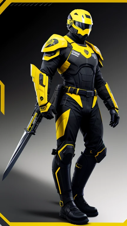 Create an image of a man wearing a high-tech, futuristic military uniform for the army of a hypothetical country in the Northeast of Brazil, inspired by a flag featuring white, black, and yellow stripes with a central eagle emblem. The scene should include the following elements:

Advanced Combat Suit:

Color Scheme: The uniform's predominant colors should be black and yellow, reflecting the colors of the flag. White can be used for accents or highlights.
Material: The suit is made from high-tech, lightweight, and flexible materials that provide protection and agility, with a sleek design that incorporates black and yellow tones.
Armor Plating: The suit features matte black armor plates on the chest, shoulders, and knees, with yellow accents or glowing elements.
Gloves: High-tech gloves with touch-sensitive surfaces and reinforced knuckles in black and yellow.
Boots: Black armored boots with yellow highlights.
Helmet:

The helmet is placed beside the man, showcasing its advanced, futuristic design. It has a full-face visor in black with a yellow stripe, and the eagle emblem on the front, reflecting the flag’s influence.
Weapons and Gear:

Rifle: The man is holding a sleek, futuristic energy rifle in one hand, designed for advanced combat.
Pistol: A high-tech pistol is holstered at his waist, in a matching black and yellow color scheme.
Sword: A technological sword is sheathed at his waist. The sword's hilt should feature glowing elements or other advanced design features in line with the futuristic theme, with a black and yellow color scheme to match the uniform.
Overall Appearance:

The man should appear confident and ready for battle, with the uniform emphasizing both technological sophistication and practical combat effectiveness. The black and yellow color scheme should dominate the design, making the uniform visually striking while maintaining a cohesive look with the flag's colors.