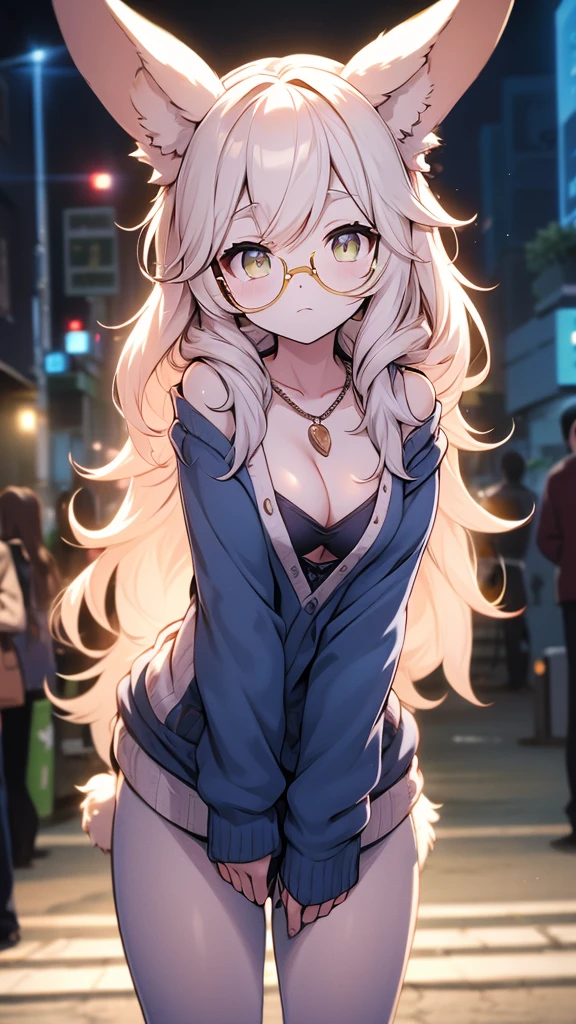 (Fluffy personification: 1.6), Bunny Girl, fur woman, Yellow long hair, Bunny ears, Very fine fur, Highest quality, Highest Resolution, Glasses, bare shoulders, sweater ,cleavage cutout, tights, ((The chest is very loose:1.3, Leaning forward:1.3)), (Gap between clothes and chest:1.5, Showing cleavage:1.3), (Close up on chest:1.2), Cake shop, Pocket Bag, necklace, Flora&#39;s Hairpin, Arm bracelet, View your viewers