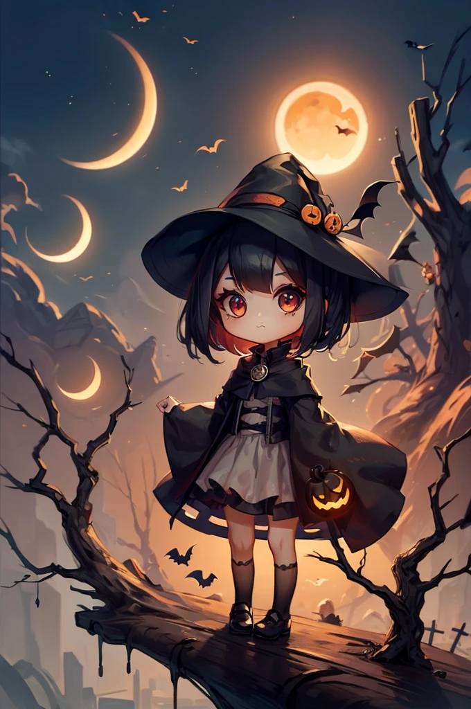 1girl,halloween ghost costume,chibi,horror,smoke, rotten tree, solar eclipse,
