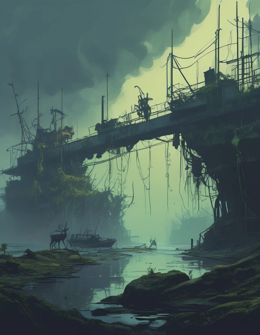 sketch, A Stunningly Beautiful Dystopian Dockyard, Covered in vines and moss, A herd of deer wanders among a rusting shipwreck, Surrounded by intricate trees，The leaves glow, In the style of Jakub Rozarsky and Alex Andreyev, A blend of dark and moody colors, Industrial elements, And the mystery of post-apocalypse
 