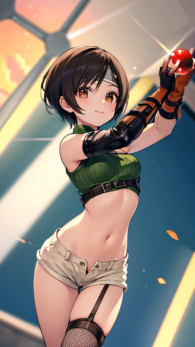 
yuffie kisaragi, a distinctive character from the game world of Final Fantasy, (close up face), (the face of kissing), known for her black hair and brown eyes. She sports a short pixie cut and is dressed in a crop top, fingerless gloves, fishnet stockings and a forehead protector. Her style is unique with sleeveless turtlenecks and short shorts that expose her belly button. A headband completes her outfit, while single thigh-high socks and gloves complement her sleeves. Her look is completed with a sleeveless turtleneck and thigh highs. The depiction of Yuffie is presented as a masterpiece of the highest quality in an exceptionally high resolution of 8K. Her eyes are particularly highlighted, with beautiful, detailed features that enhance her hyper-realistic appearance. Both her face and body are extremely detailed, with every facet of her anatomy carefully crafted, including perfect hands and anatomy. The scene shows Yuffie in a typical cowboy shot, looking directly at the viewer. The image is placed indoors, with the lighting perfectly adjusted to bring out its details to the fullest. The overall presentation of the image is an homage to the character and his defining features, brought to life through the illustration in stunning quality and detail, raised legs, pretty smile, covered nipples, thighs, (On the Ferris wheel at night)、(firework)、