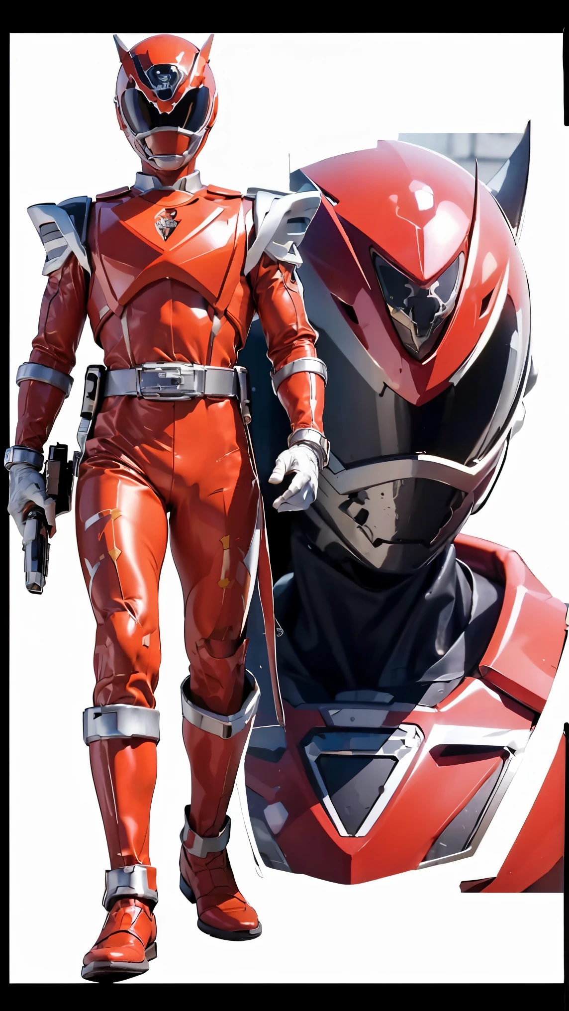 1boy, gold, full body, Illustration, cinematic light, high resolution, best quality, ultra detailed, masterpiece, power suit, powerranger, suit, spd, (Red ranger suit), gold detail, 