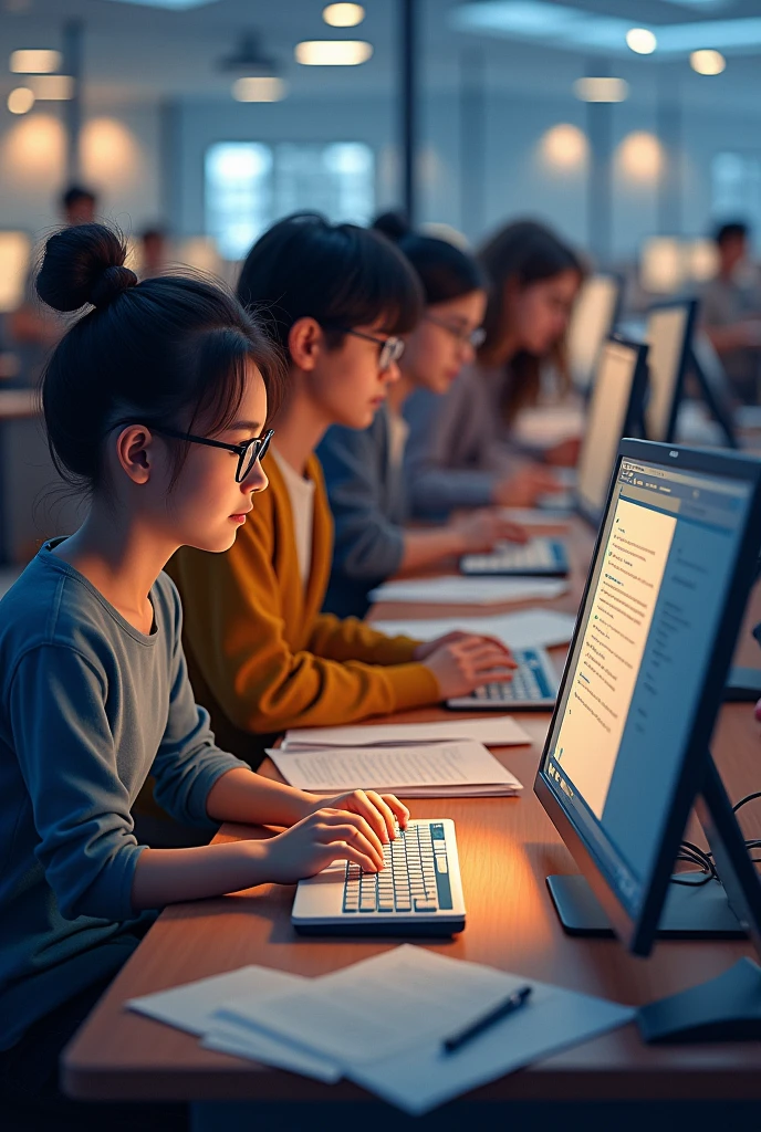 1girl sitting at a computer desk, learning, desktop computer monitor in front of her, 12 year old girl, east asian, wearing light colored dress, posed for camera, side view
