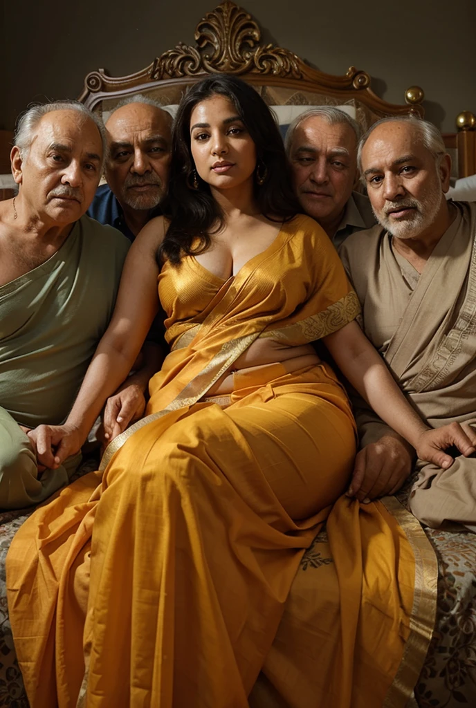 India girl, short hair, no blouse, dark green saree, lying down, pallu fallen down from chest, standing beneath 4 strong men topless in white caps and lungi