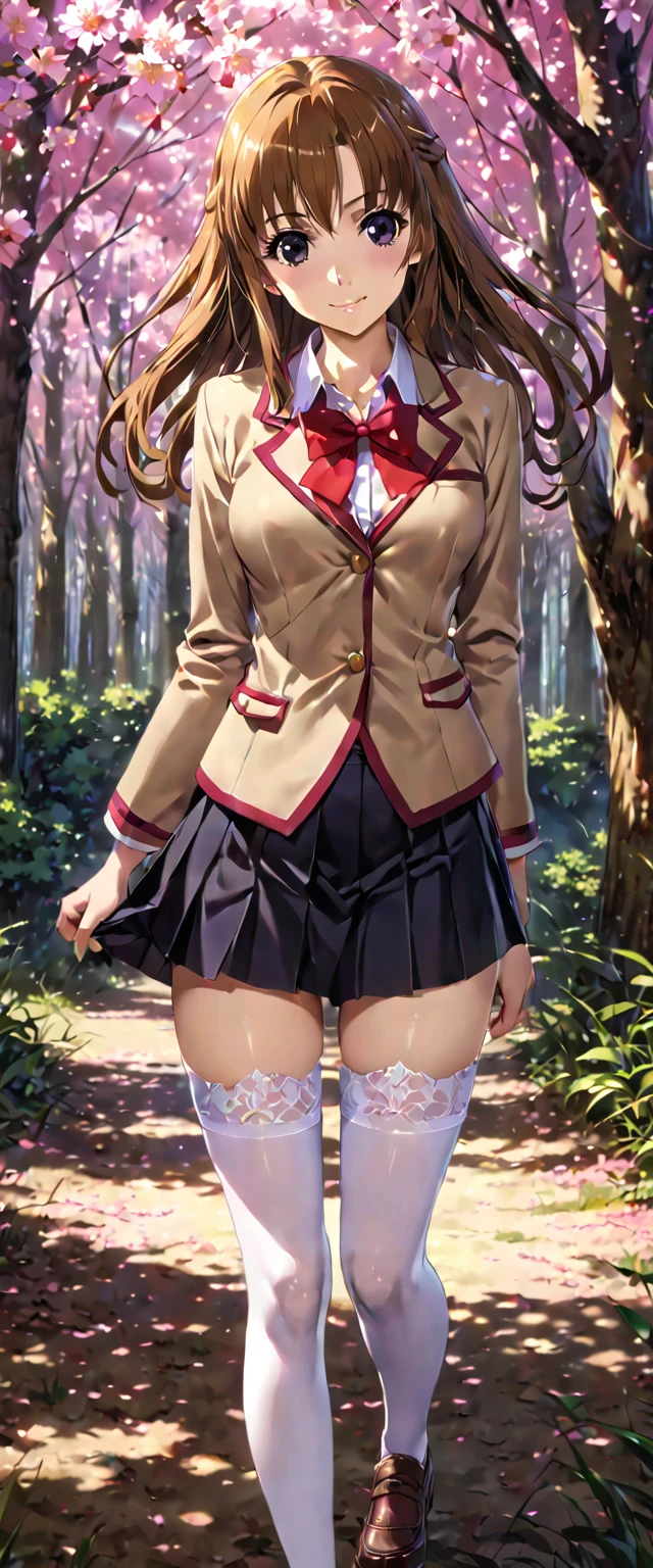 Masterpiece, Detailed work, Full HD clarity, Image resolution1980p, Realistic lighting and shadows, color gradation, background, Sakura Forest, From the series Queen Blade, tomoe, purple eyes, Black Eyes, Long, brown hair, Hair Color Gradient, White collar school uniform, red bow tie, Light brown long-sleeved jacket, Very short black skirt, white stockings, smile