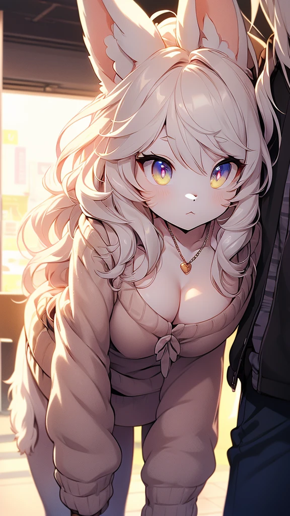 (Fluffy personification: 1.6), Bunny Girl, fur woman, Yellow long hair, Bunny ears, Very fine fur, Highest quality, Highest Resolution, Glasses, bare shoulders:1.5, sweater, cleavage cutout, tights, ((The chest is very loose:1.3, bent over, Leaning forward:1.3)), (Gap between clothes and chest:1.5, Showing cleavage:1.3), (Close up on chest:1.2), Cake shop, Pocket Bag, necklace, Flora&#39;s Hairpin, Arm bracelet, View your viewers