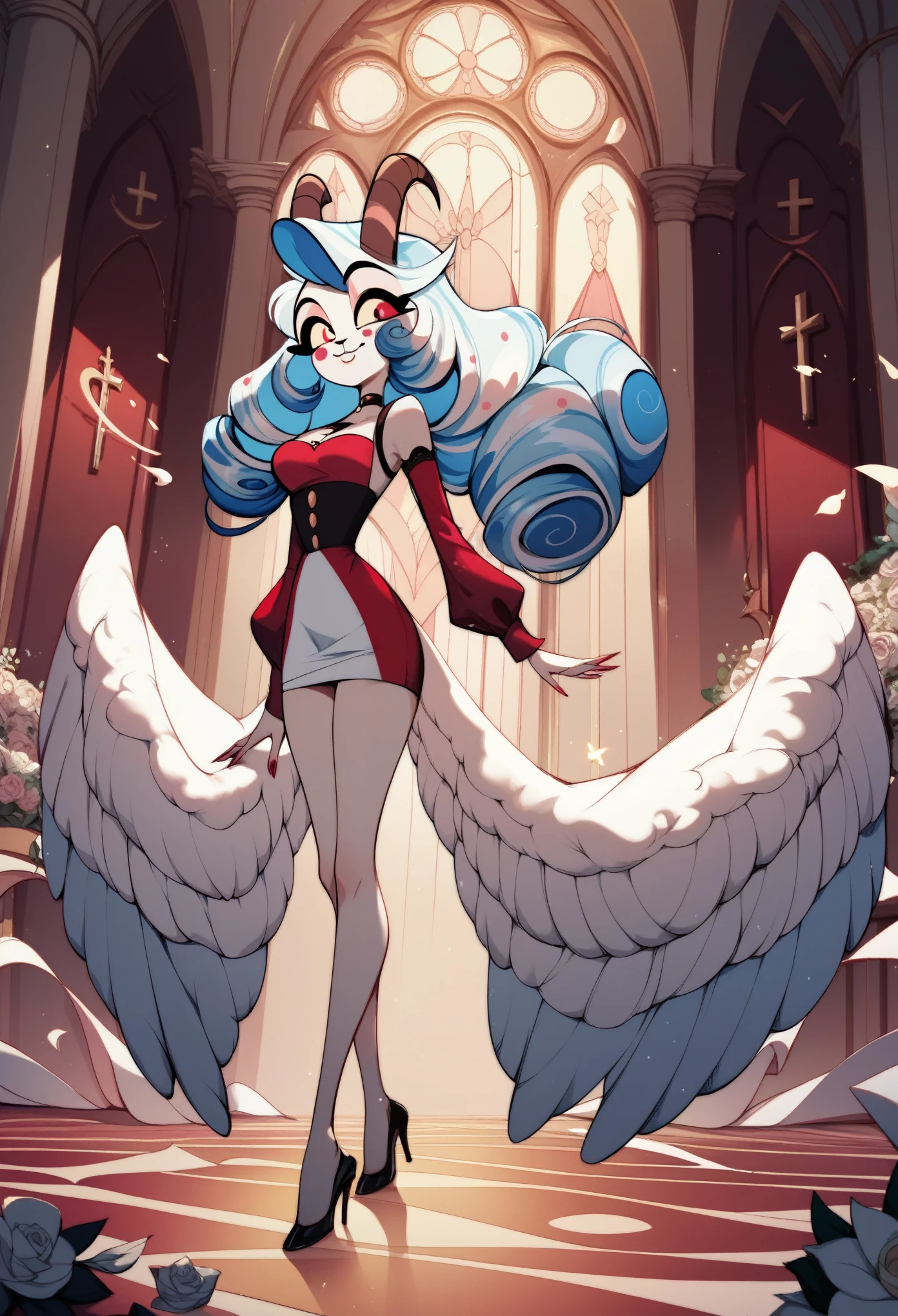 Lamb girl, curly blue hair, angel, wings melting, short dress. The eyes are large with a cross instead of pupils. Hazbin Hotel. Other colors. Beautiful, tall. Curved goat legs. eyes red. design