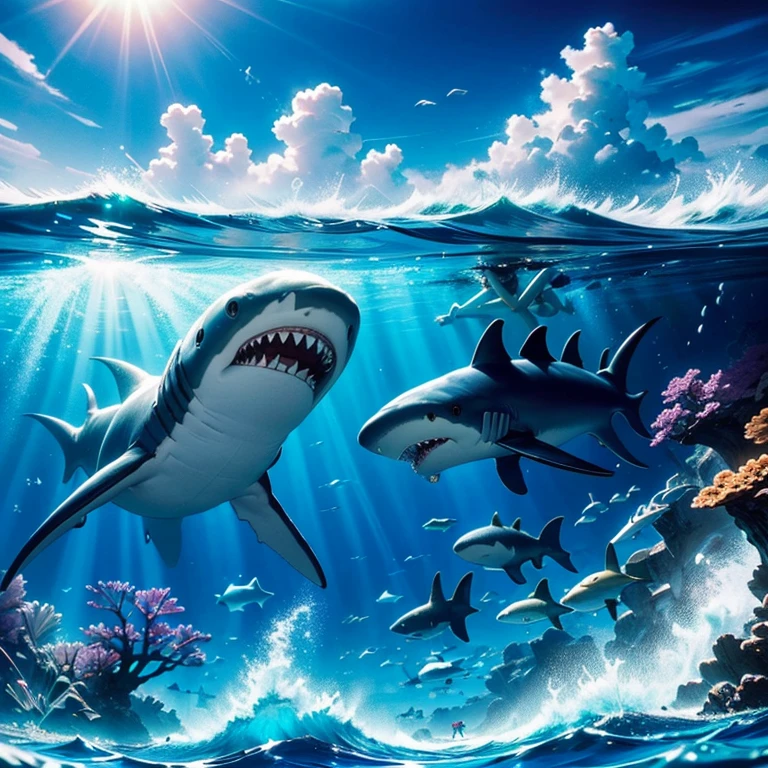 (a girl playing with sharks,ocean waves,blue coral reef,deserted island beach),[illustration,photorealistic],dazzling sunlight,crystal clear water,sparkling sand,breezy palm trees, vibrant marine life,endless horizon,adventure,wild,summer vibes,colorful fishes,shimmering reflections, 4k resolution, high definition, masterfully detailed sharks, joyful laughter, fearlessness