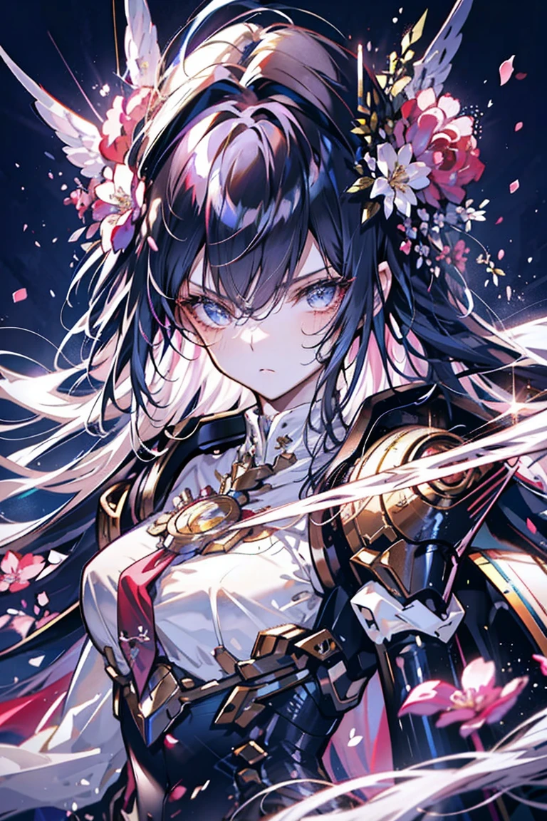 black hair，Long hair，Holding two swords，whole body(best quality, Detailed background, high resolution, ridiculous, bloom, disheveled hair, shiny hair, exposed to light, High and cold, Focused and meticulous gaze)Seductive girl，Thin waist，Big ，Looking at the camera，calm，serious，whole body，portrait，Face lens