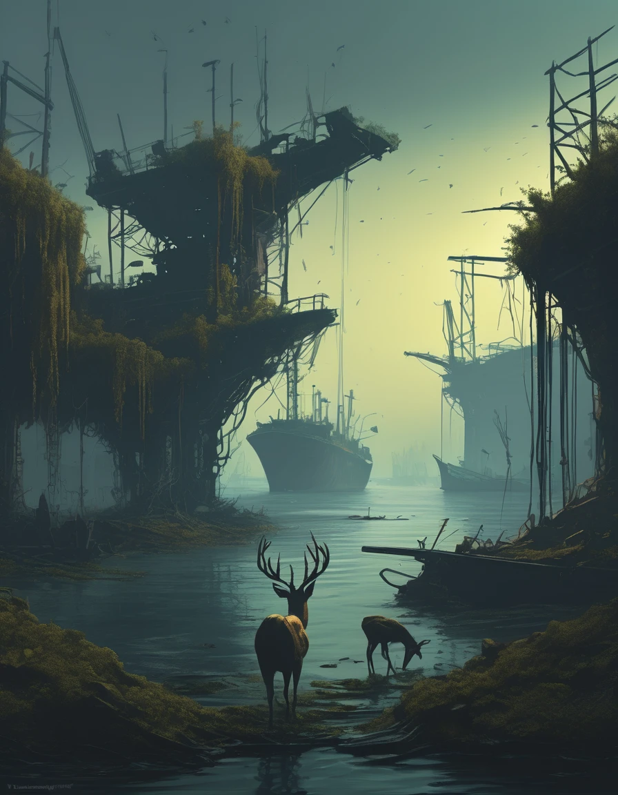 sketch, A Stunningly Beautiful Dystopian Dockyard, Covered in vines and moss, A herd of deer wanders among a rusting shipwreck, Surrounded by intricate trees，The leaves glow, In the style of Jakub Rozarsky and Alex Andreyev, A blend of dark and moody colors, Industrial elements, And the mystery of post-apocalypse
 